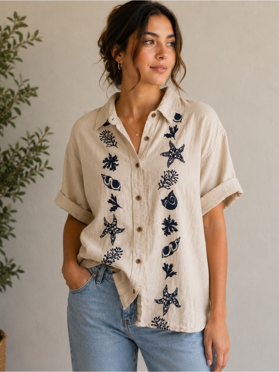 Anthropologie Tops - Anthropologie Beige Button-Up Shirt with Navy Sea Life Embroidery